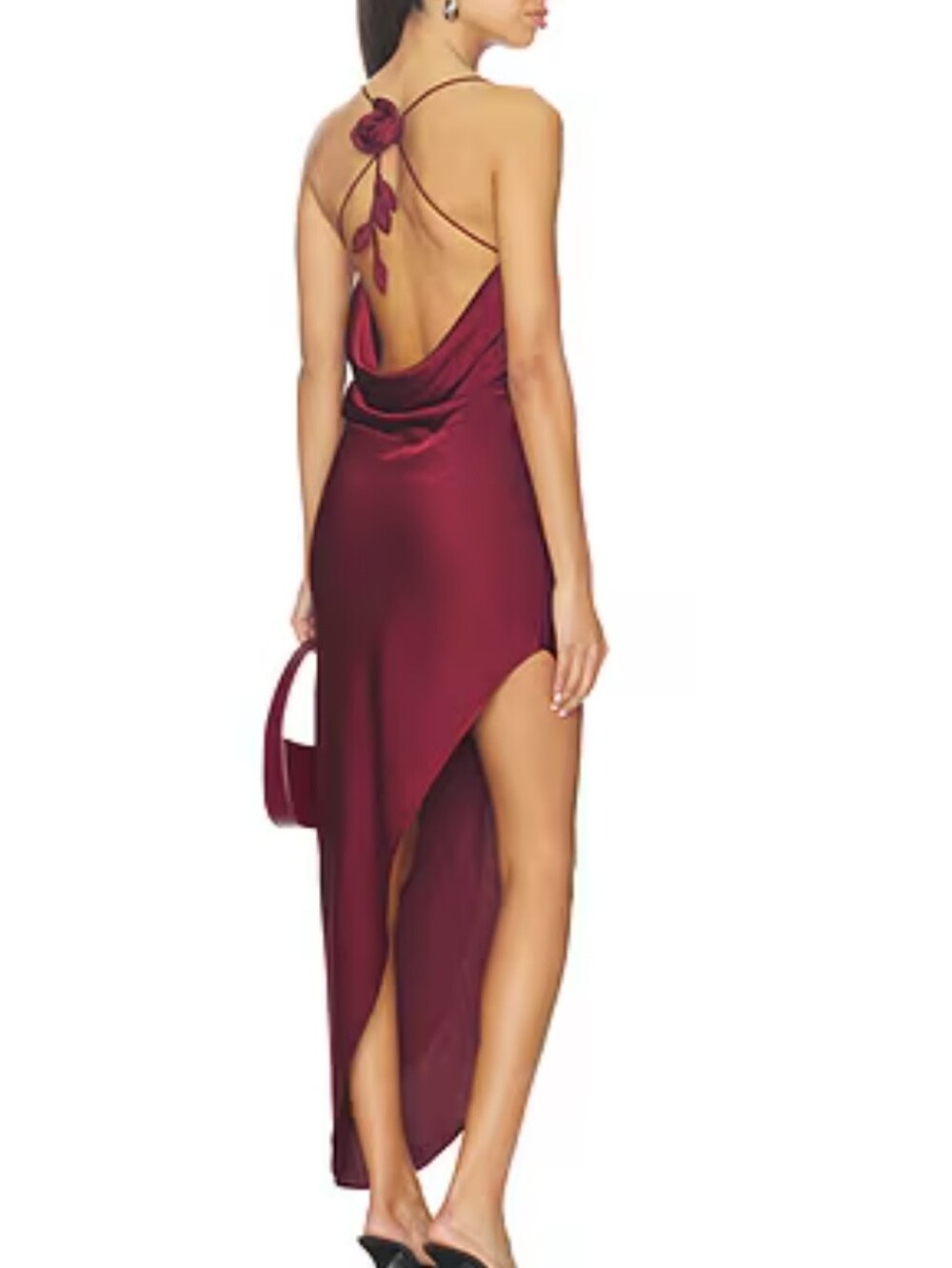 NBD Asymmetrical Satin Slip Dress in wine w/ floral detail size XS(small flaw)